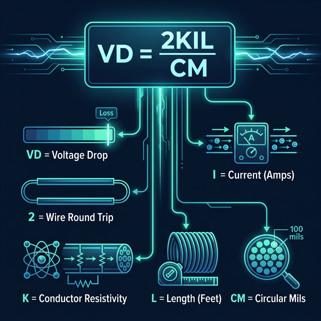 NEC Voltage Drop Formula Infographic Diagram — VD = 2KIL/CM