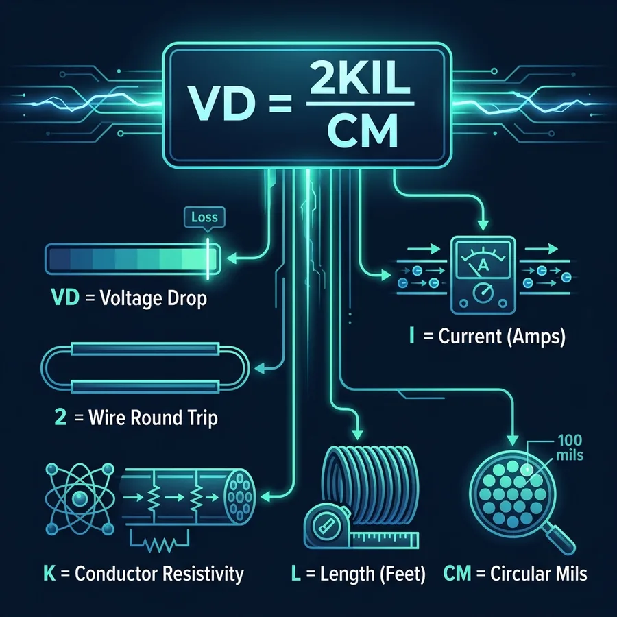 NEC Voltage Drop Formula Infographic Diagram — VD = 2KIL/CM